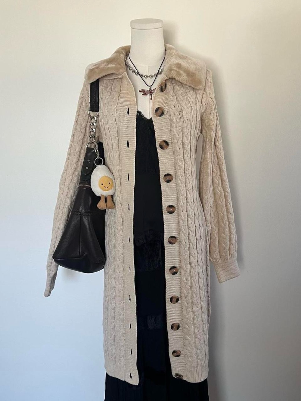 Cream Cable Knit Long Cardigan with Faux Fur Collar